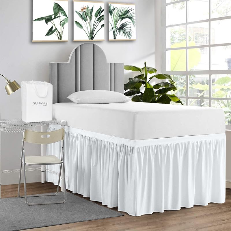 Sgi Bedding Dorm Bed Skirt Twin Xl 32 Inch Drop Length - White, Ruffled Pattern College Dorm Room Bed Skirts - Split Corner, Eas